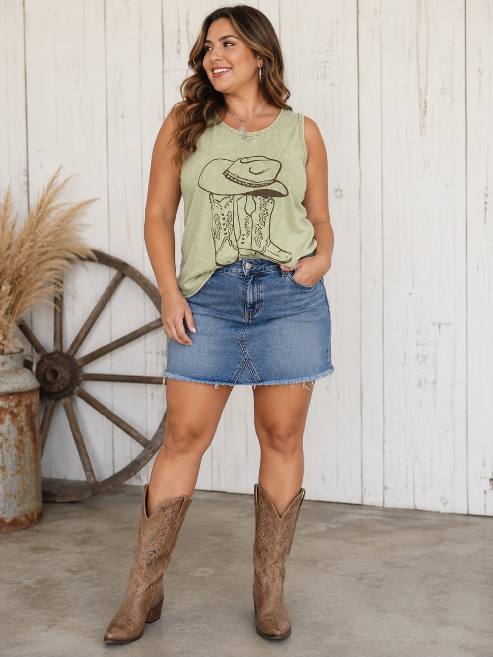 Green Cowboy Hat & Boots Graphic Tank Top